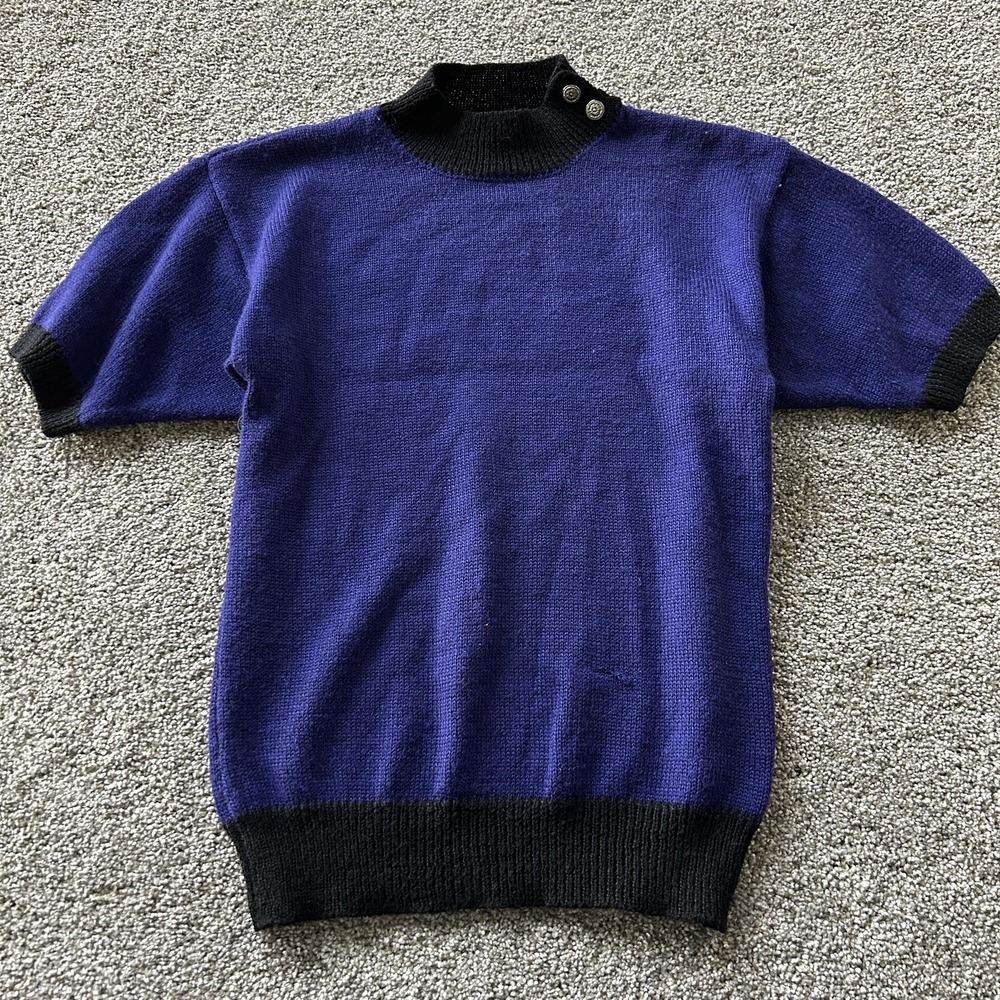 Vintage Koret Sweater Womens Small Blue Mock Neck Short Sleeve Knit Pullover